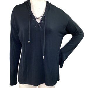 Cato Hooded Lace-up V-Neck Long Sleeve Top L Black 127J